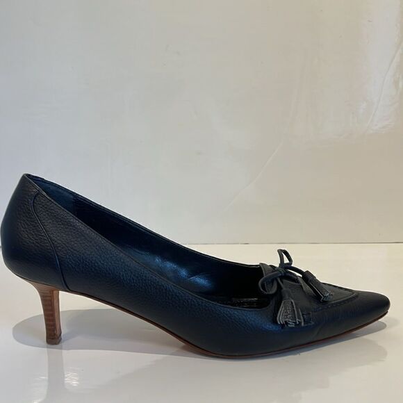 Brooks Brothers Navy Blue Pebbled Leather Kitten Heel Shoes Size 9 - Picture 2 of 12